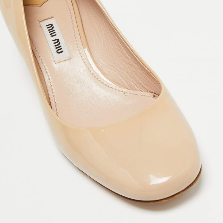 Pre Owned Miu Miu Beige Patent Leather Crystal Embellished Block Heel Pumps Size 36