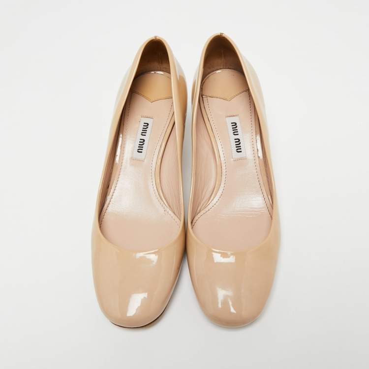 Pre Owned Miu Miu Beige Patent Leather Crystal Embellished Block Heel Pumps Size 36
