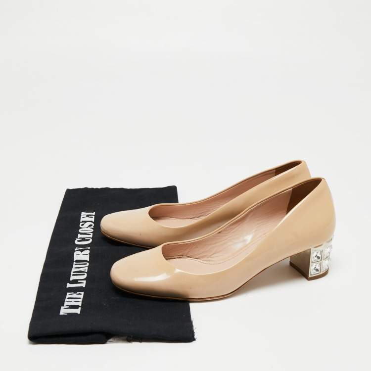 Pre Owned Miu Miu Beige Patent Leather Crystal Embellished Block Heel Pumps Size 36