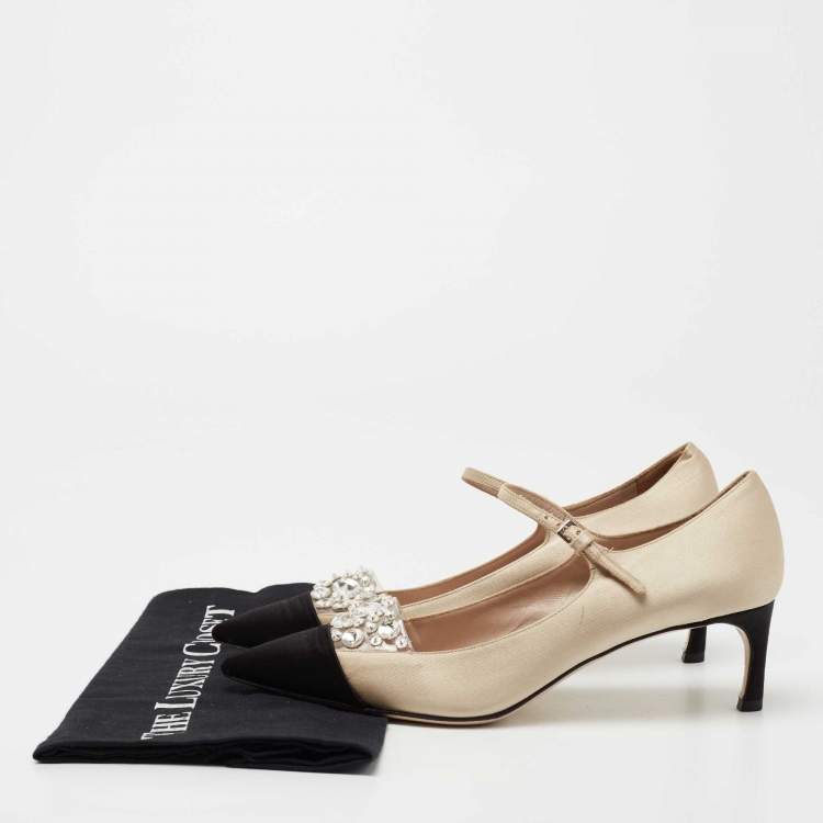 Pre Owned Miu Miu Beige/Black Satin Crystal Embellished Mary Jane Pumps Size 36