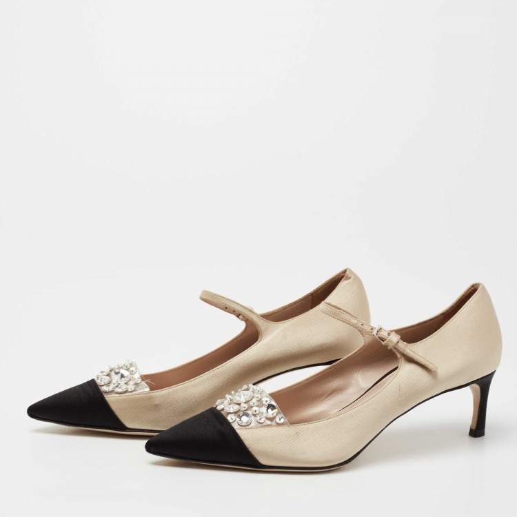 Pre Owned Miu Miu Beige/Black Satin Crystal Embellished Mary Jane Pumps Size 36