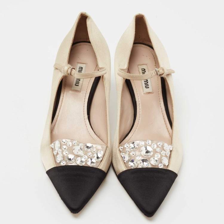 Pre Owned Miu Miu Beige/Black Satin Crystal Embellished Mary Jane Pumps Size 36