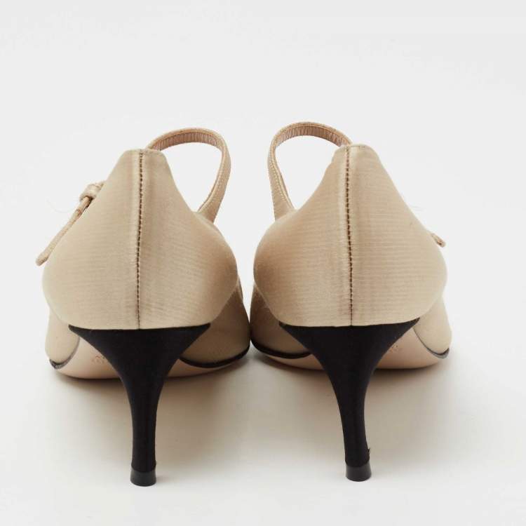 Pre Owned Miu Miu Beige/Black Satin Crystal Embellished Mary Jane Pumps Size 36
