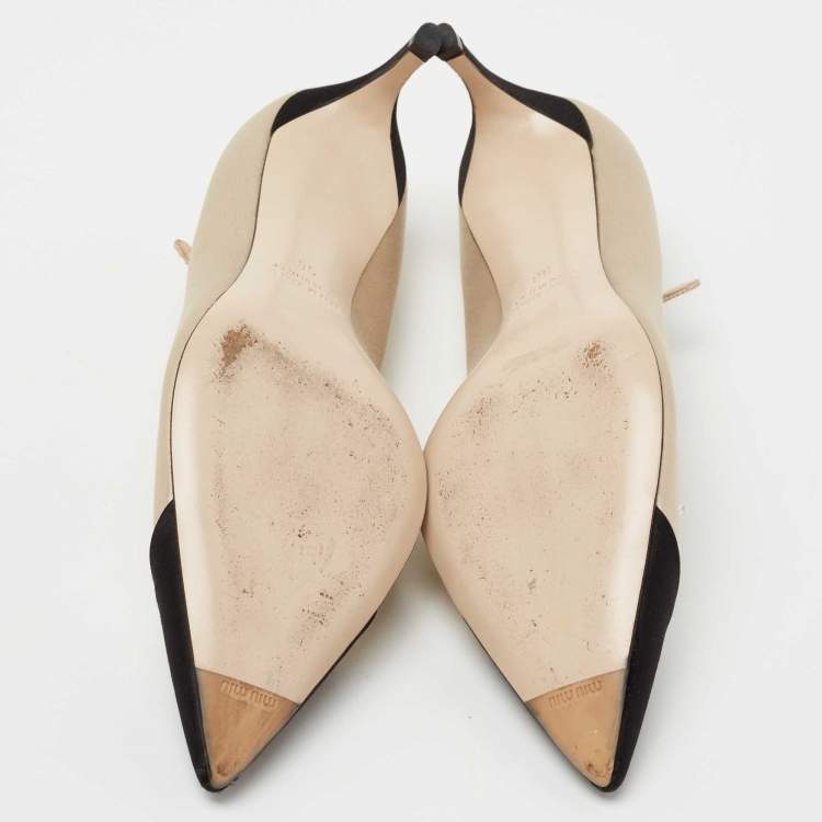 Pre Owned Miu Miu Beige/Black Satin Crystal Embellished Mary Jane Pumps Size 36