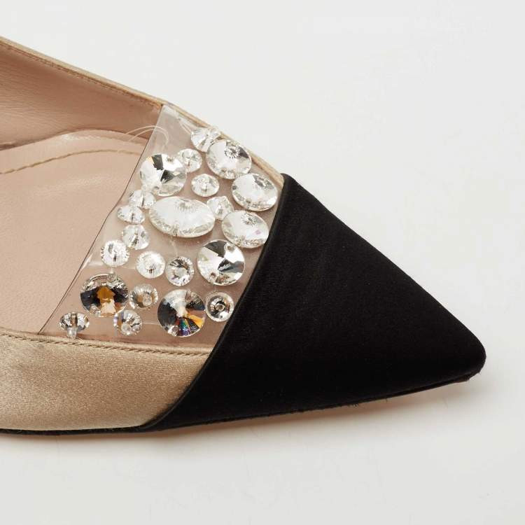 Pre Owned Miu Miu Beige/Black Satin Crystal Embellished Mary Jane Pumps Size 36