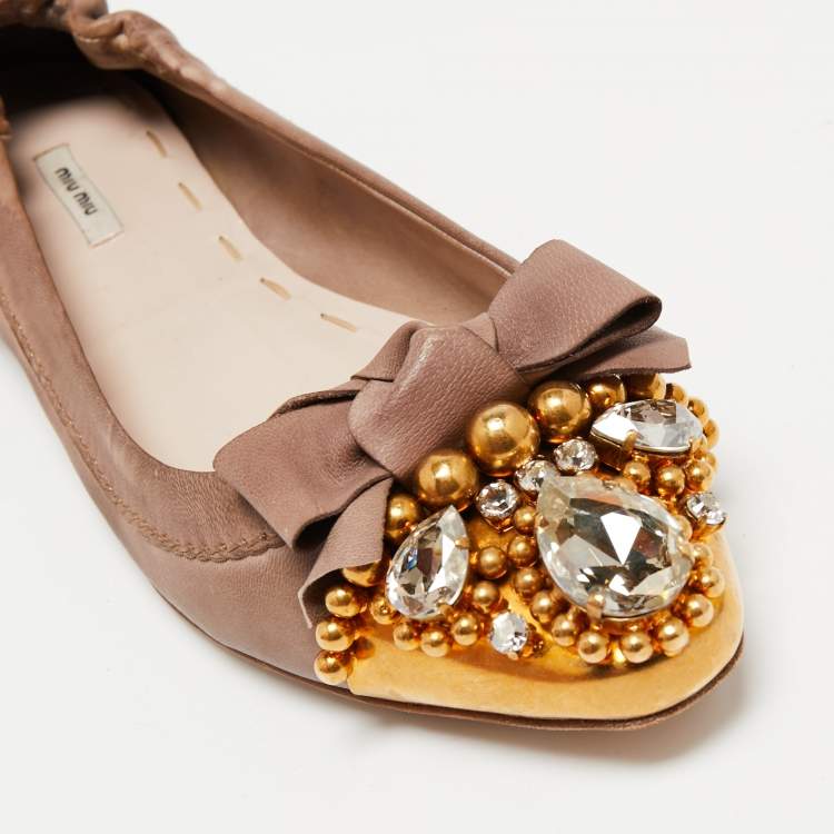 Pre Owned Miu Miu Brown Leather Crystal Embellished Ballet Flats Size 38.5