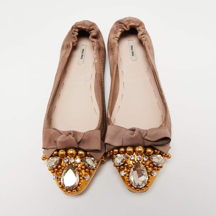 Pre Owned Miu Miu Brown Leather Crystal Embellished Ballet Flats Size 38.5