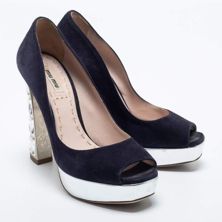 Pre Owned Miu Miu Navy Blue Suede Crystal Heel Peep Toe Platform Pumps Size 36