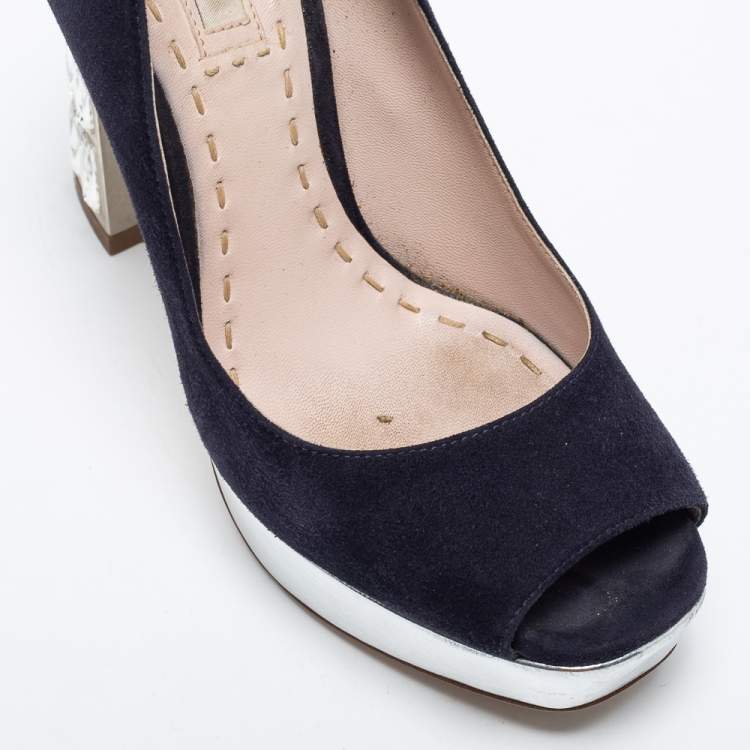 Pre Owned Miu Miu Navy Blue Suede Crystal Heel Peep Toe Platform Pumps Size 36