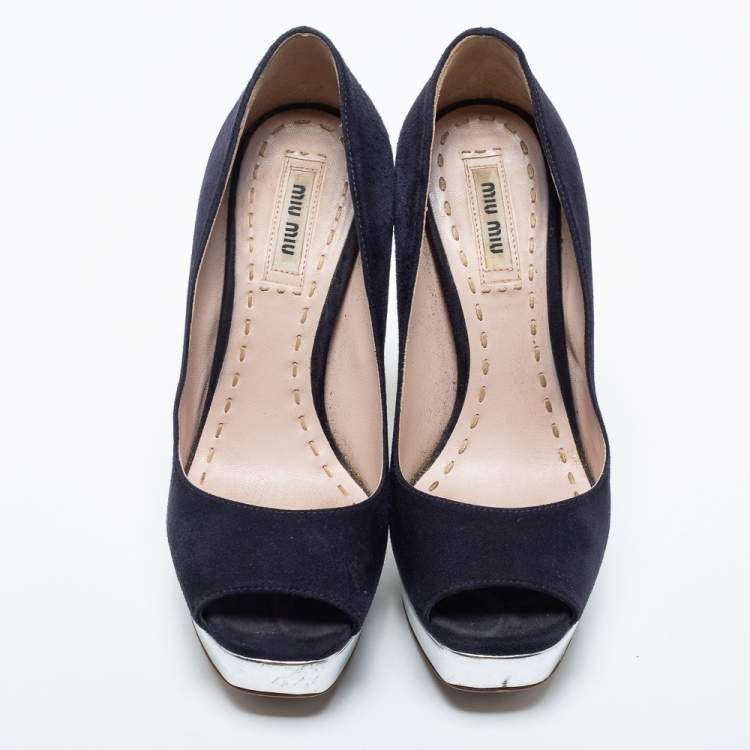 Pre Owned Miu Miu Navy Blue Suede Crystal Heel Peep Toe Platform Pumps Size 36