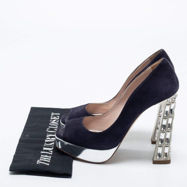 Pre Owned Miu Miu Navy Blue Suede Crystal Heel Peep Toe Platform Pumps Size 36