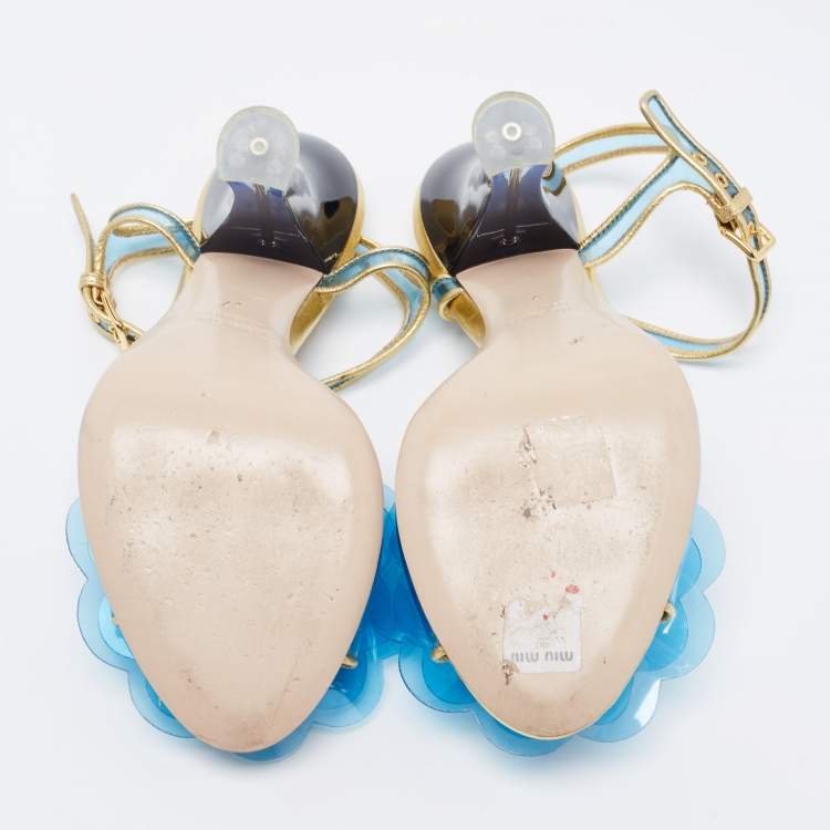 Pre Owned Miu Miu Blue/Gold PVC and Leather Floral Embellished Sandals Size 37