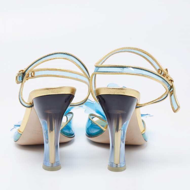 Pre Owned Miu Miu Blue/Gold PVC and Leather Floral Embellished Sandals Size 37