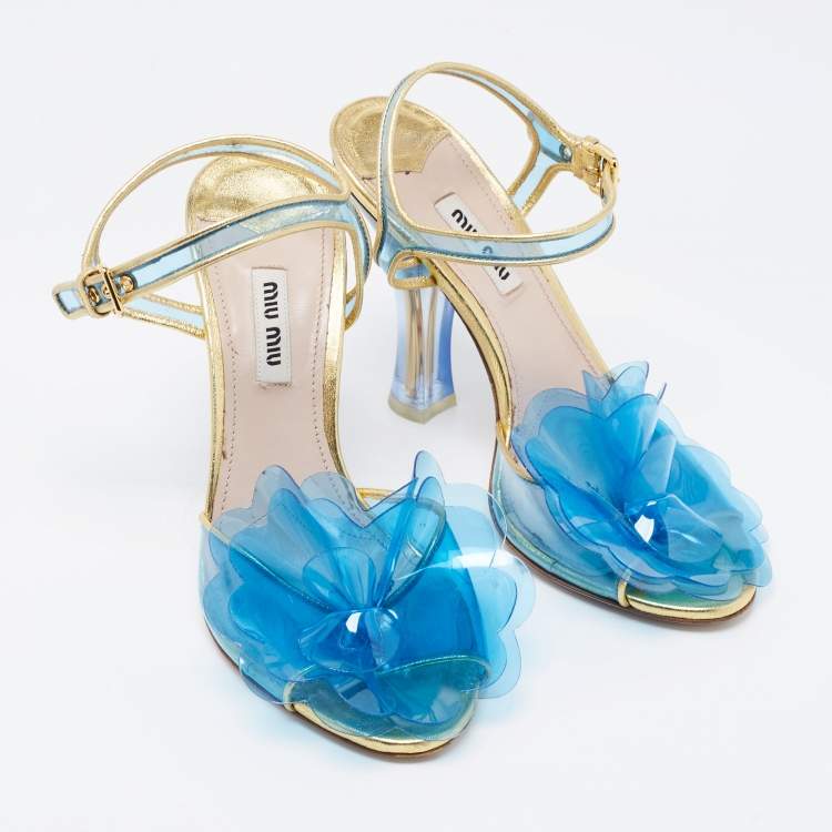Pre Owned Miu Miu Blue/Gold PVC and Leather Floral Embellished Sandals Size 37