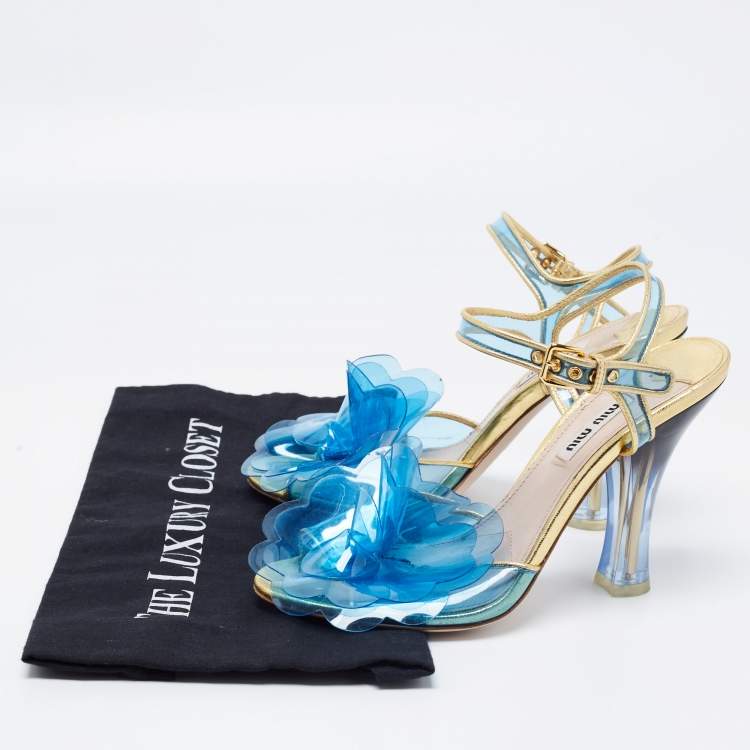 Pre Owned Miu Miu Blue/Gold PVC and Leather Floral Embellished Sandals Size 37
