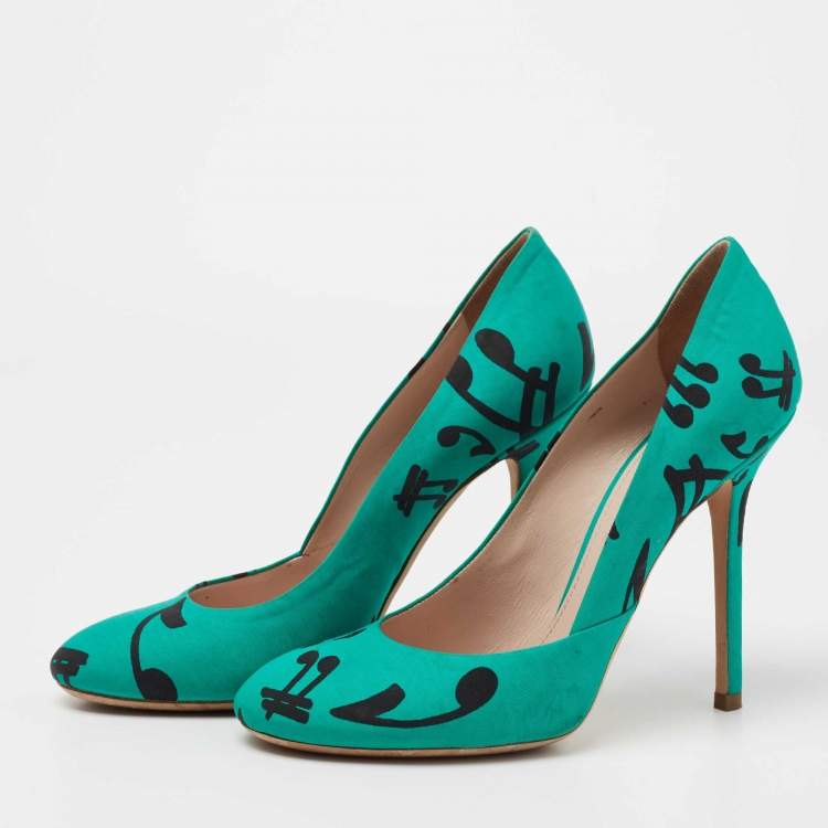 Pre Owned Miu Miu Green/Black Printed Fabric Pumps Size 39
