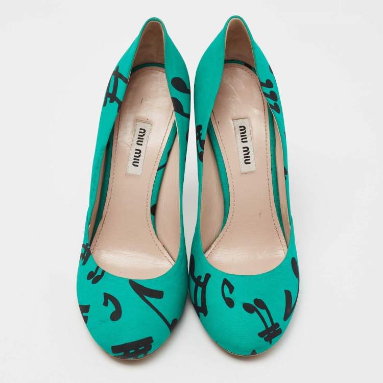 Pre Owned Miu Miu Green/Black Printed Fabric Pumps Size 39
