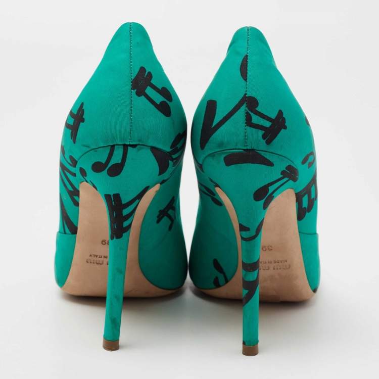 Pre Owned Miu Miu Green/Black Printed Fabric Pumps Size 39