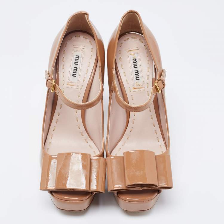 Pre Owned Miu Miu Light Brown Patent Leather Bow Open-Toe Mary Jane Pumps Size 36.5