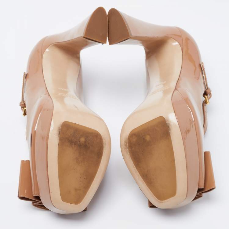 Pre Owned Miu Miu Light Brown Patent Leather Bow Open-Toe Mary Jane Pumps Size 36.5