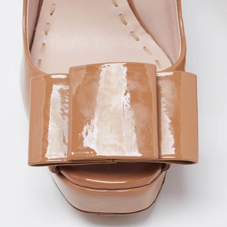 Pre Owned Miu Miu Light Brown Patent Leather Bow Open-Toe Mary Jane Pumps Size 36.5