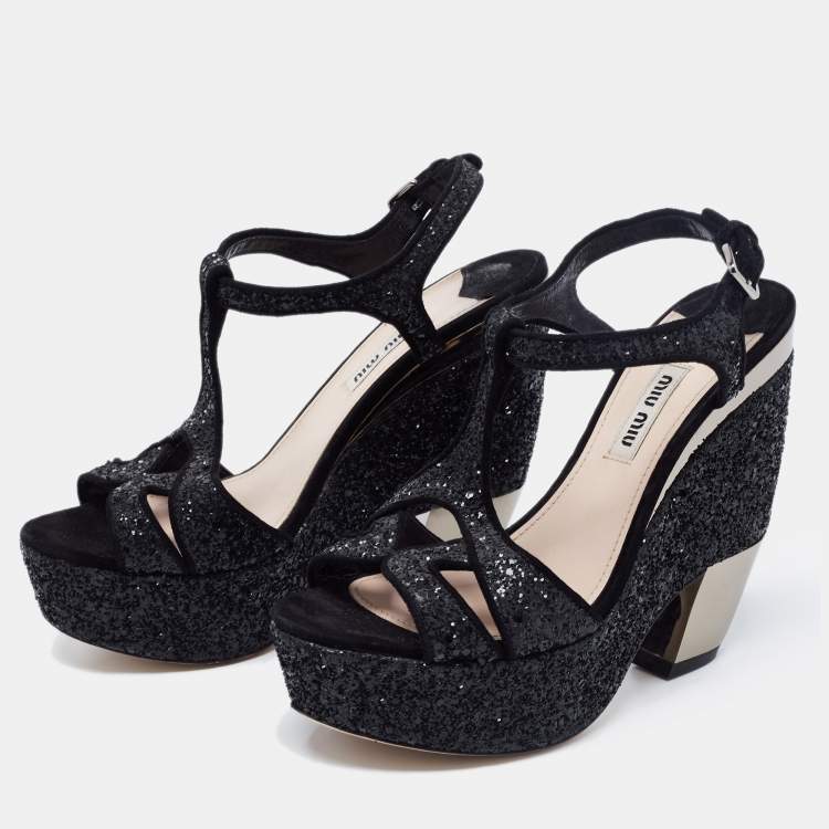 Pre Owned Miu Miu Black Coarse Glitter Curved Heel Platform Ankle Strap Sandals Size 36.5
