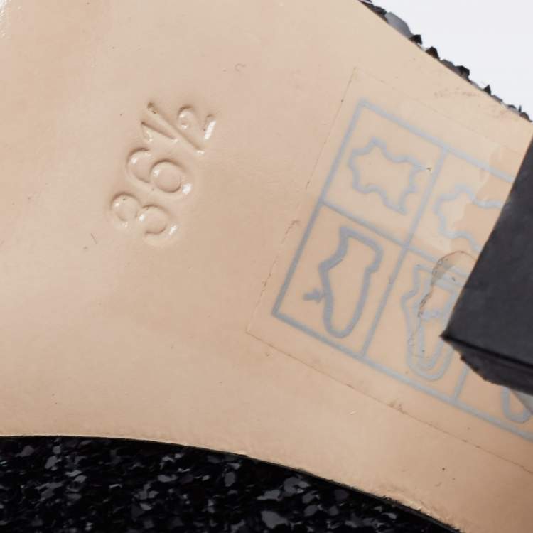 Pre Owned Miu Miu Black Coarse Glitter Curved Heel Platform Ankle Strap Sandals Size 36.5
