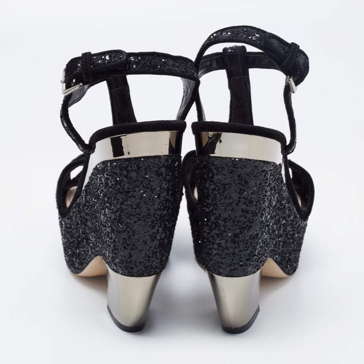 Pre Owned Miu Miu Black Coarse Glitter Curved Heel Platform Ankle Strap Sandals Size 36.5