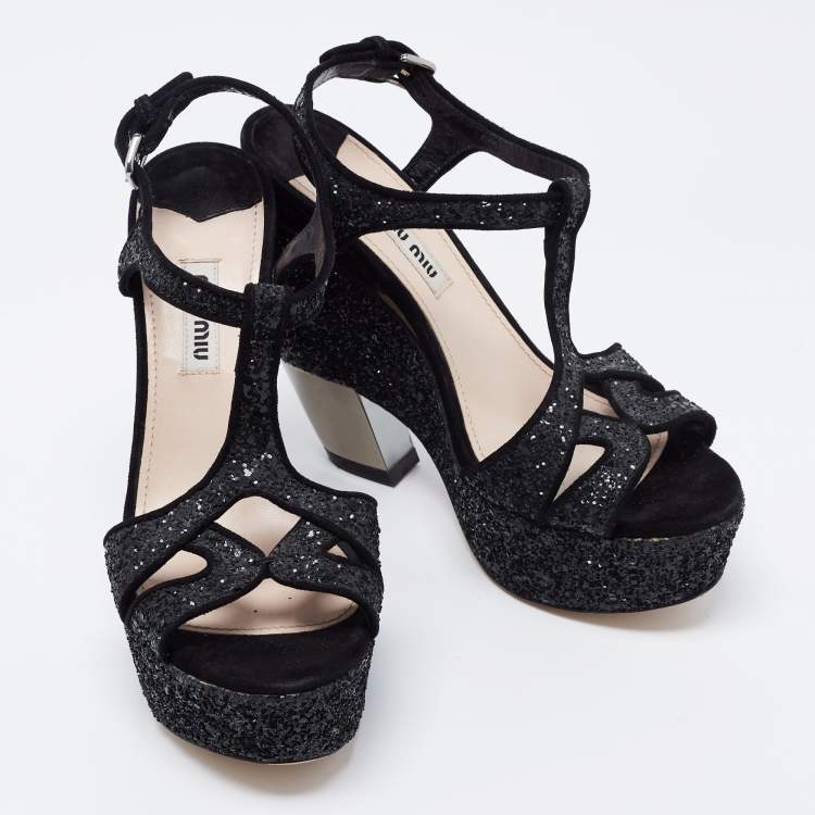 Pre Owned Miu Miu Black Coarse Glitter Curved Heel Platform Ankle Strap Sandals Size 36.5
