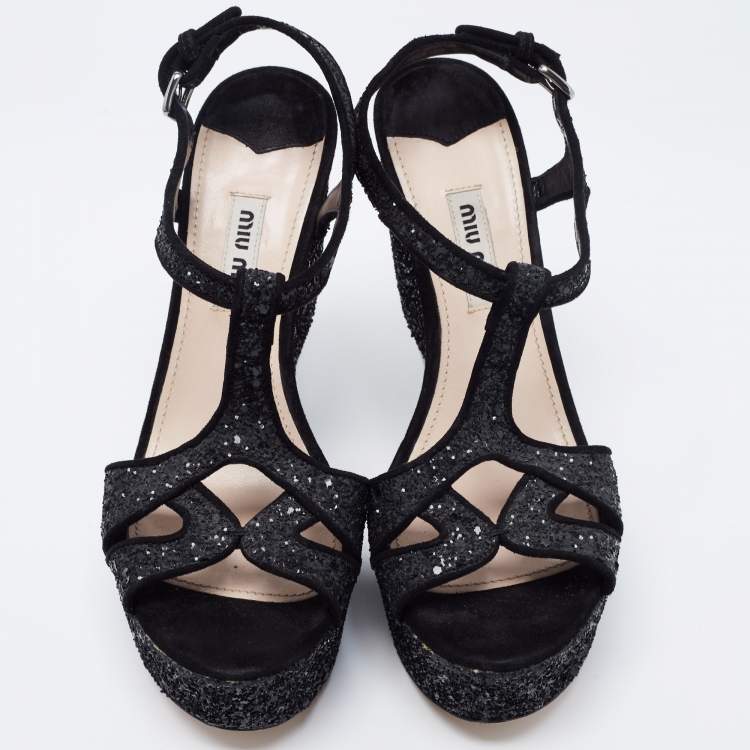 Pre Owned Miu Miu Black Coarse Glitter Curved Heel Platform Ankle Strap Sandals Size 36.5