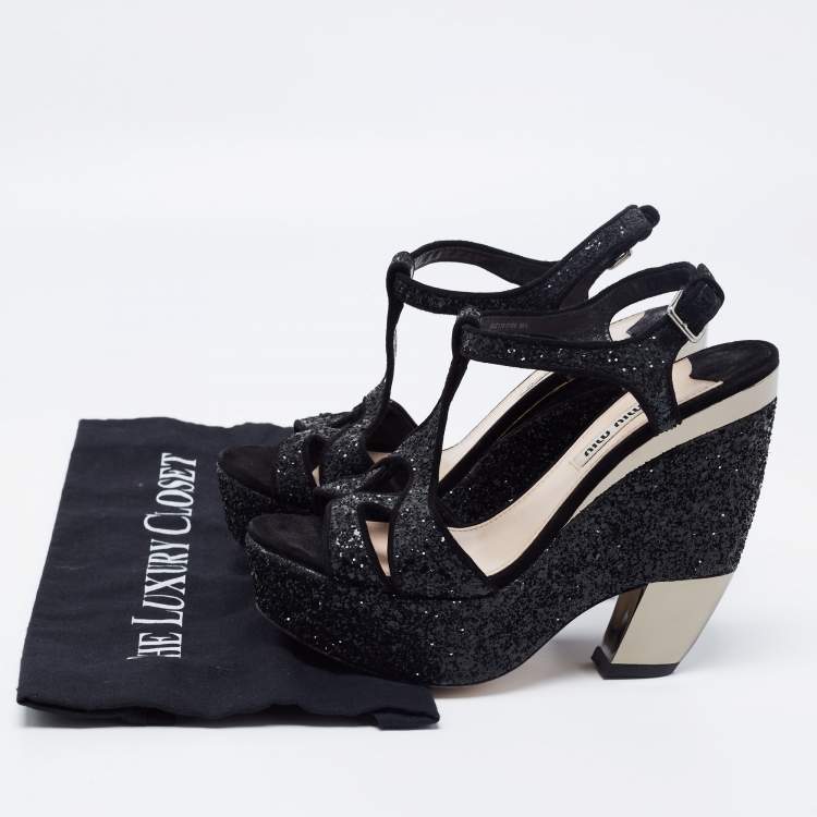 Pre Owned Miu Miu Black Coarse Glitter Curved Heel Platform Ankle Strap Sandals Size 36.5