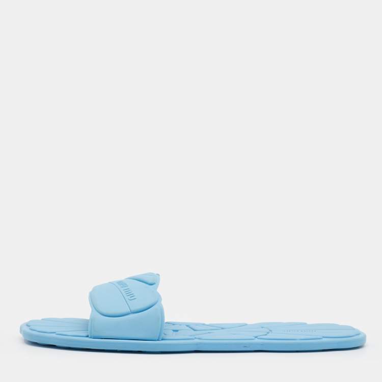 Pre Owned Miu Miu Light Blue Rubber Wavy Slippers Size 38