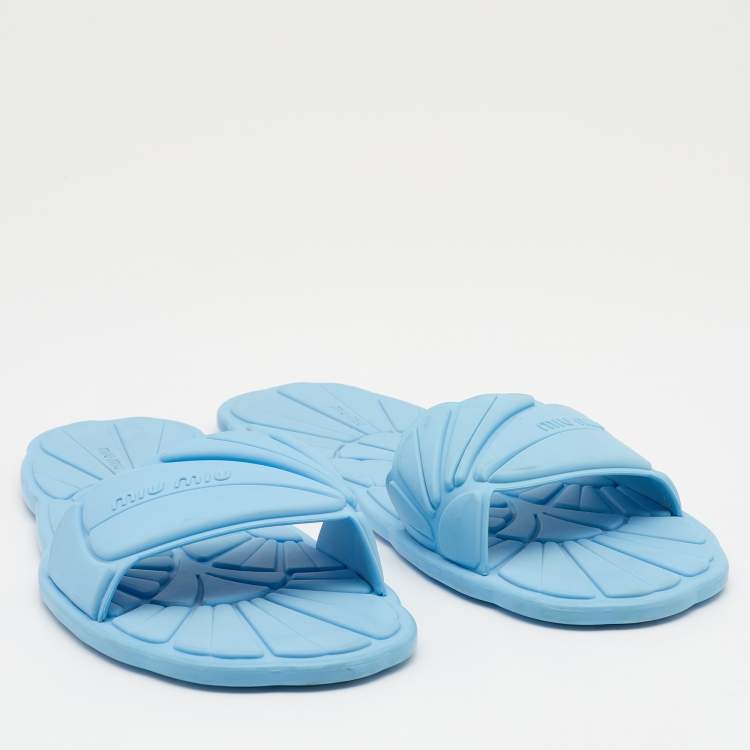 Pre Owned Miu Miu Light Blue Rubber Wavy Slippers Size 38