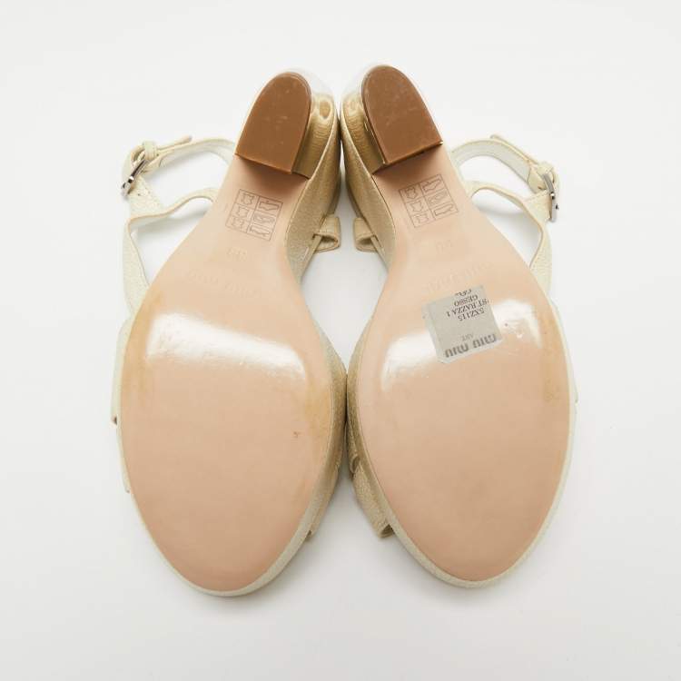 Pre Owned Miu Miu Cream Textured Leather Strappy Platform Block Heel Sandals Size 36