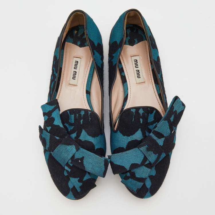Pre Owned Miu Miu Blue/Black Jacquard Bow Embellished Smoking Slippers Size 38.5 