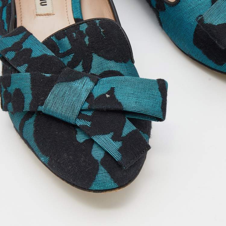 Pre Owned Miu Miu Blue/Black Jacquard Bow Embellished Smoking Slippers Size 38.5 