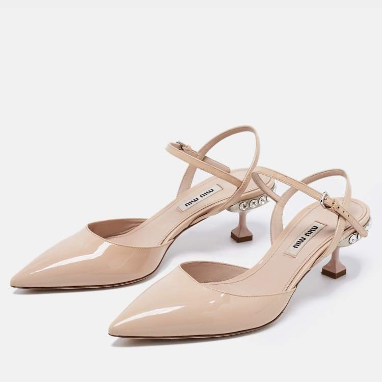 Pre Owned Miu Miu Beige Patent Leather Crystal Ankle Strap Sandals Size 36