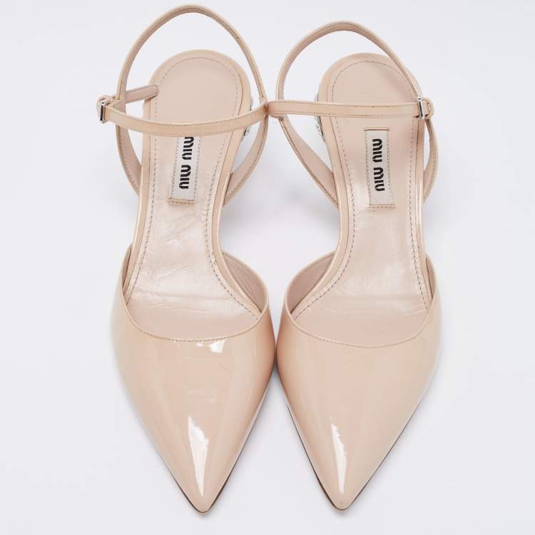 Pre Owned Miu Miu Beige Patent Leather Crystal Ankle Strap Sandals Size 36