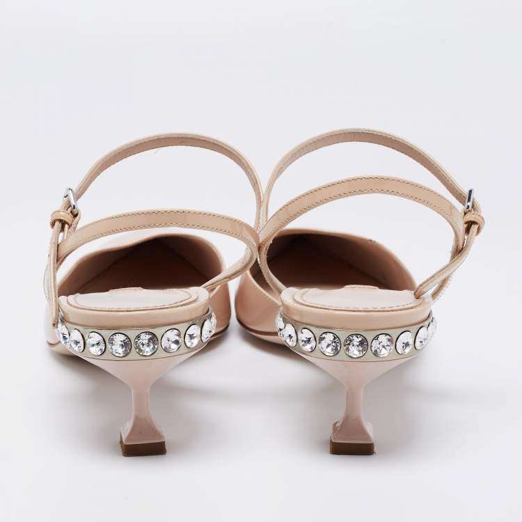Pre Owned Miu Miu Beige Patent Leather Crystal Ankle Strap Sandals Size 36