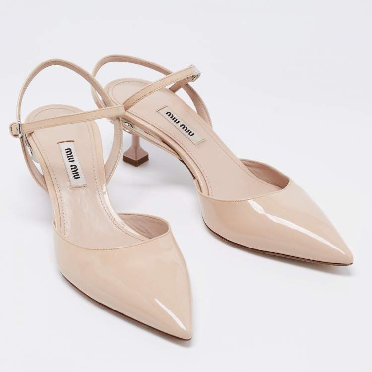 Pre Owned Miu Miu Beige Patent Leather Crystal Ankle Strap Sandals Size 36