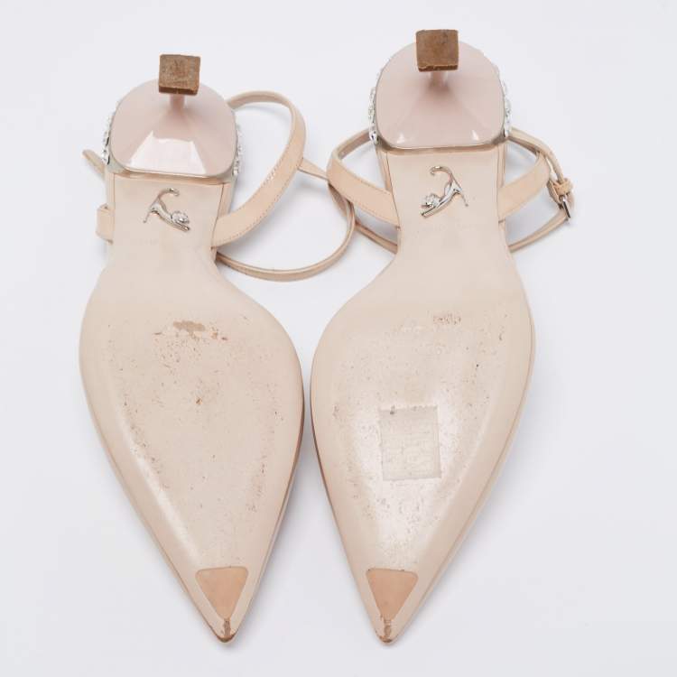 Pre Owned Miu Miu Beige Patent Leather Crystal Ankle Strap Sandals Size 36