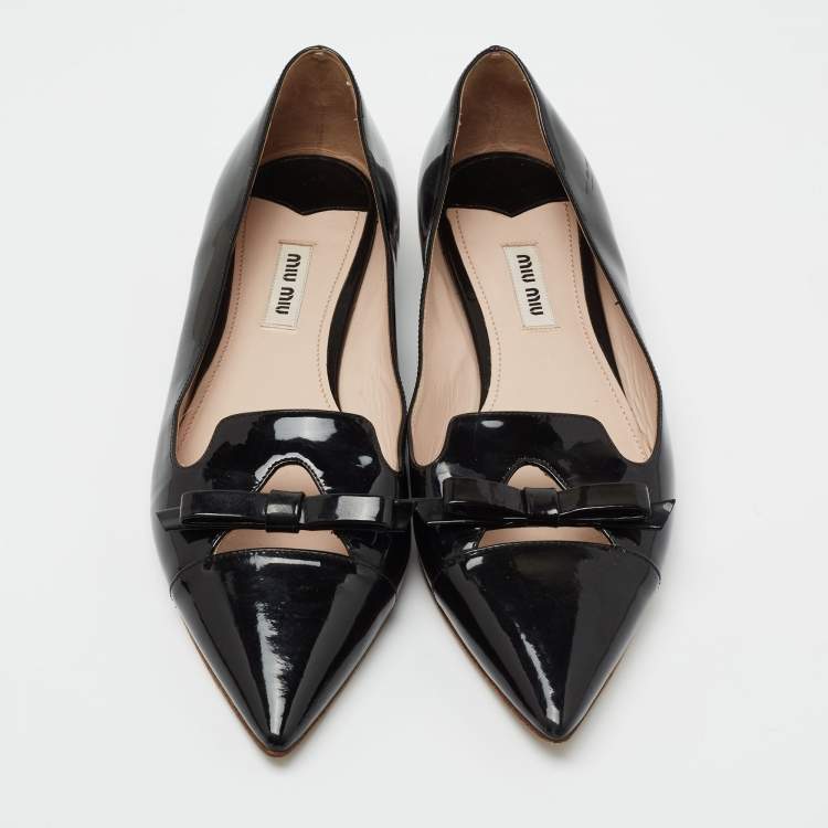 Pre Owned Miu Miu Black Patent Leather Bow Ballet Flats Size 38