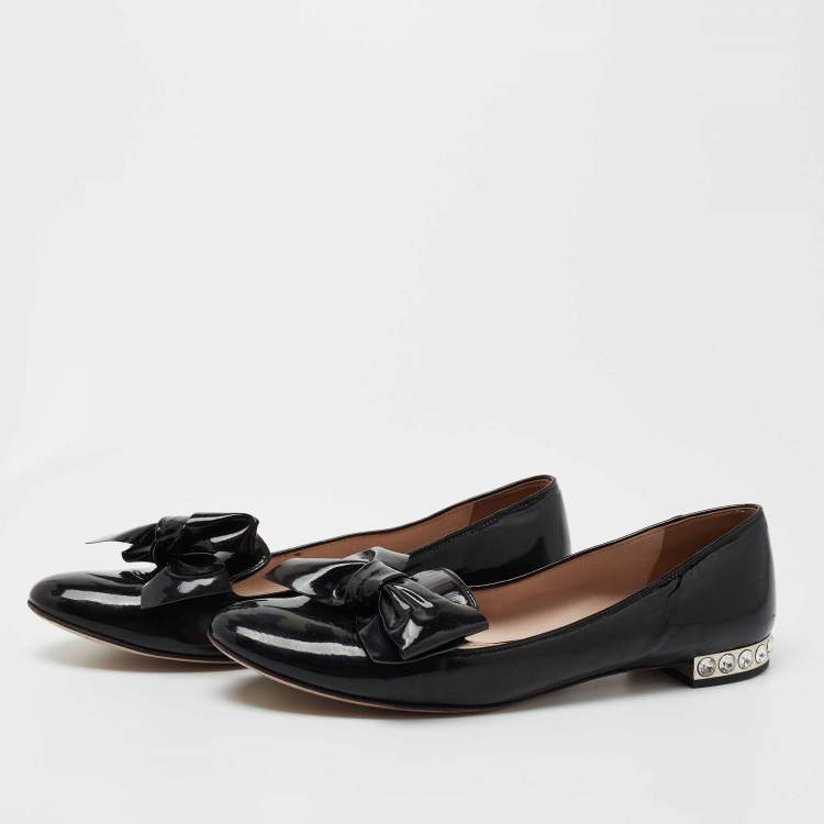 Pre Owned Miu Miu Black Patent Leather Bow Smoking Slippers Size 38.5