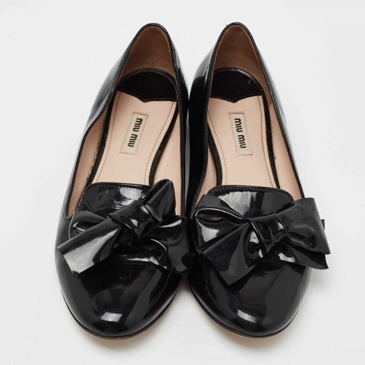 Pre Owned Miu Miu Black Patent Leather Bow Smoking Slippers Size 38.5