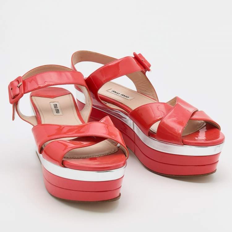 Pre Owned Miu Miu Coral Red Patent Leather Wedge Platform Ankle Strap Sandals Size 40