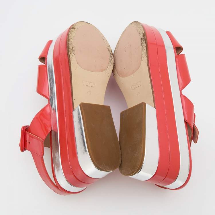 Pre Owned Miu Miu Coral Red Patent Leather Wedge Platform Ankle Strap Sandals Size 40