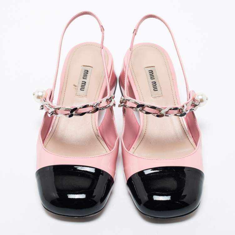 مملوكة مسبقًا Miu Miu Pink/Black Patent Leather Embellished Slingback Pumps Size 36.5
