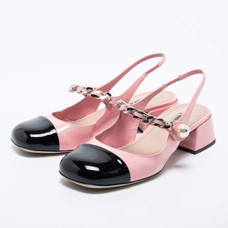 مملوكة مسبقًا Miu Miu Pink/Black Patent Leather Embellished Slingback Pumps Size 36.5