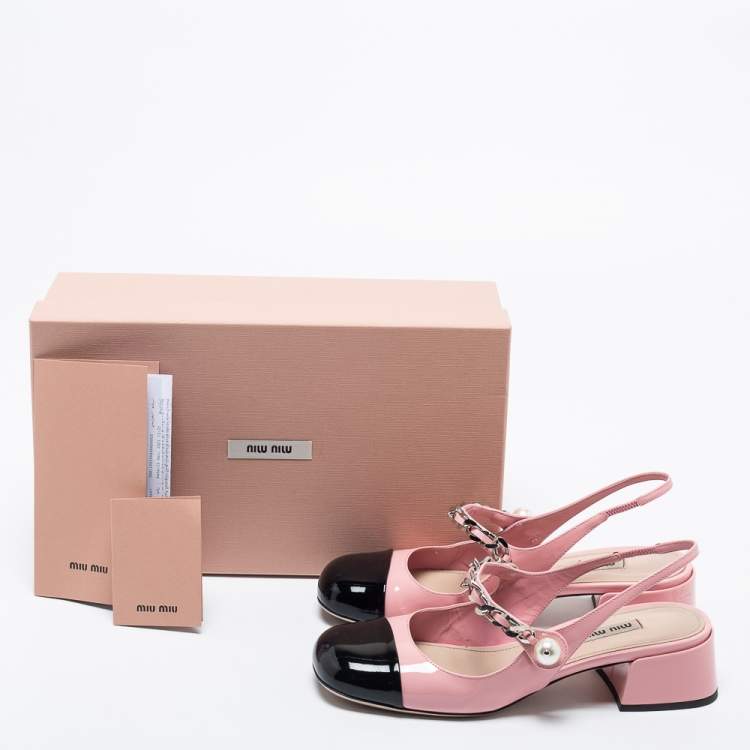 مملوكة مسبقًا Miu Miu Pink/Black Patent Leather Embellished Slingback Pumps Size 36.5