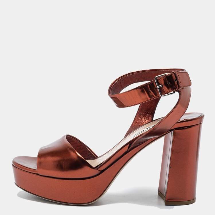 Pre Owned Miu Miu Metallic Bronze  Leather Ankle Strap Sandals Size 38.5